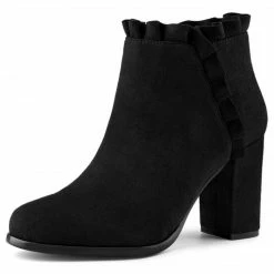 Allegra K Women's Ruffle Block Heel Ankle Boots Shoes