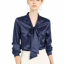 Allegra K Women's Irregular Dotted Work Casual Long Sleeve Tie Neck Blouse