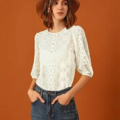 Allegra K Women's 3/4 Lantern Sleeve Semi Sheer Vintage Lace Tops 57 Allegra K Women's 3/4 Lantern Sleeve Semi Sheer Vintage Lace Tops