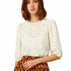 Allegra K Women's 3/4 Lantern Sleeve Semi Sheer Vintage Lace Tops 56 Allegra K Women's 3/4 Lantern Sleeve Semi Sheer Vintage Lace Tops