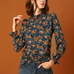 Allegra K Women's Smocked Waist Ruffled Hem Stand Collar Floral Dots Blouse