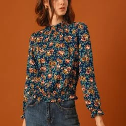 Allegra K Women's Smocked Waist Ruffled Hem Stand Collar Floral Dots Blouse