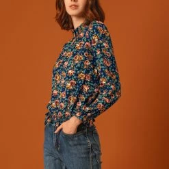 Allegra K Women's Smocked Waist Ruffled Hem Stand Collar Floral Dots Blouse