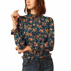 Allegra K Women's Smocked Waist Ruffled Hem Stand Collar Floral Dots Blouse