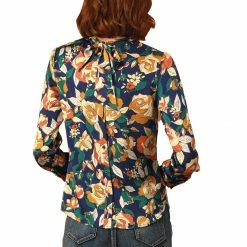 Allegra K Women's Vintage Bow Tie Neck Button Back Long Sleeve Floral Blouse