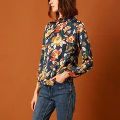 Allegra K Women's Vintage Bow Tie Neck Button Back Long Sleeve Floral Blouse