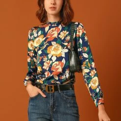 Allegra K Women's Vintage Bow Tie Neck Button Back Long Sleeve Floral Blouse