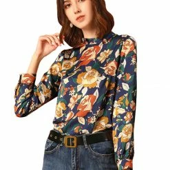 Allegra K Women's Vintage Bow Tie Neck Button Back Long Sleeve Floral Blouse