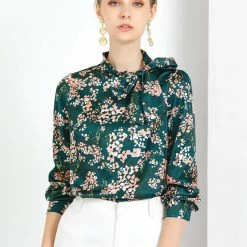 Allegra K Women's Bow Tie Neck Puff Sleeve Blouse Floral Ruffle Elegant Work Top