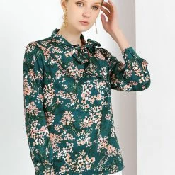 Allegra K Women's Bow Tie Neck Puff Sleeve Blouse Floral Ruffle Elegant Work Top