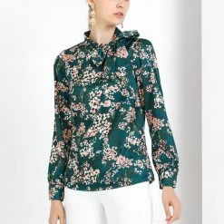 Allegra K Women's Bow Tie Neck Puff Sleeve Blouse Floral Ruffle Elegant Work Top