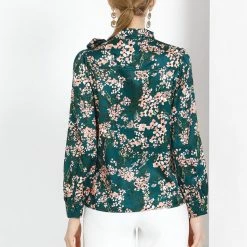 Allegra K Women's Bow Tie Neck Puff Sleeve Blouse Floral Ruffle Elegant Work Top