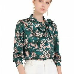 Allegra K Women's Bow Tie Neck Puff Sleeve Blouse Floral Ruffle Elegant Work Top
