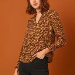 Allegra K Women's Ruffle V Neck Geometric Print Puff Sleeve Top