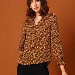 Allegra K Women's Ruffle V Neck Geometric Print Puff Sleeve Top