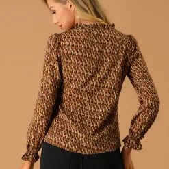 Allegra K Women's Ruffle V Neck Geometric Print Puff Sleeve Top