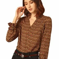 Allegra K Women's Ruffle V Neck Geometric Print Puff Sleeve Top