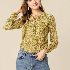 Allegra K Women's Casual Fall Long Sleeve Tops Chiffon Ruffle Tie Neck Floral Blouse 12 Allegra K Women's Casual Fall Long Sleeve Tops Chiffon Ruffle Tie Neck Floral Blouse