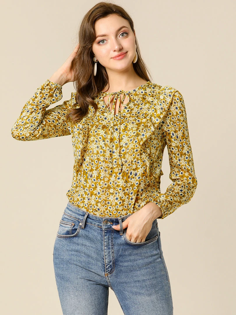 Allegra K Women's Casual Fall Long Sleeve Tops Chiffon Ruffle Tie Neck Floral Blouse 6 Allegra K Women's Casual Fall Long Sleeve Tops Chiffon Ruffle Tie Neck Floral Blouse