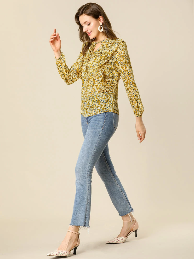 Allegra K Women's Casual Fall Long Sleeve Tops Chiffon Ruffle Tie Neck Floral Blouse 7 Allegra K Women's Casual Fall Long Sleeve Tops Chiffon Ruffle Tie Neck Floral Blouse