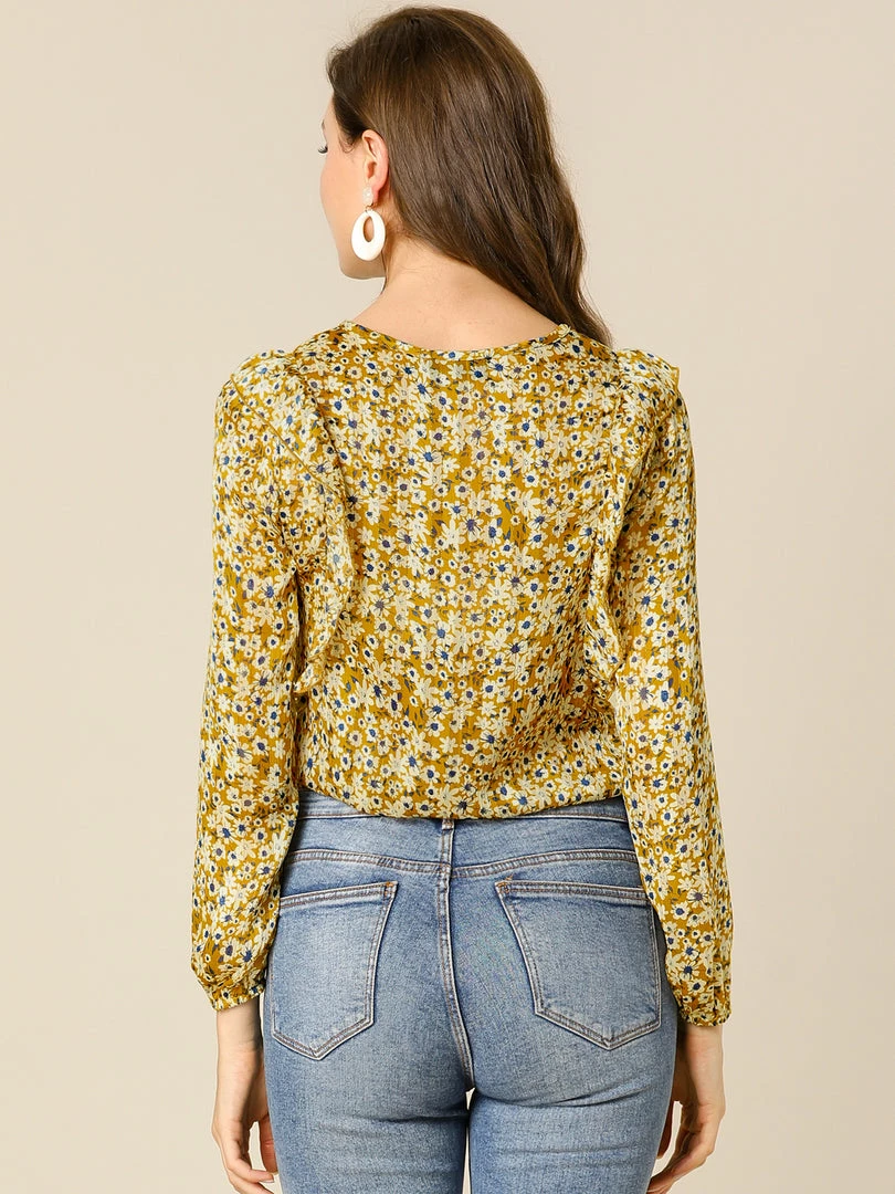 Allegra K Women's Casual Fall Long Sleeve Tops Chiffon Ruffle Tie Neck Floral Blouse 8 Allegra K Women's Casual Fall Long Sleeve Tops Chiffon Ruffle Tie Neck Floral Blouse
