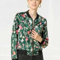 Allegra K 8127 Women Stand Collar Zip Up Floral Prints Bomber Jacket