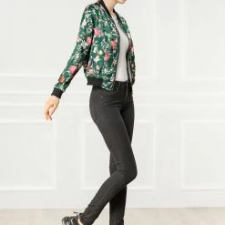 Allegra K 8127 Women Stand Collar Zip Up Floral Prints Bomber Jacket