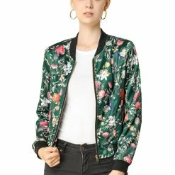 Allegra K 8127 Women Stand Collar Zip Up Floral Prints Bomber Jacket