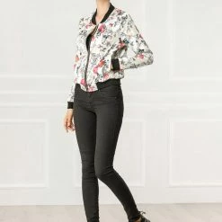 Allegra K 8127 Women Stand Collar Zip Up Floral Prints Bomber Jacket
