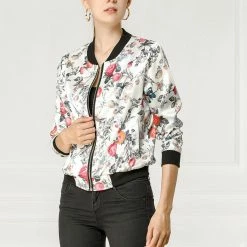 Allegra K 8127 Women Stand Collar Zip Up Floral Prints Bomber Jacket
