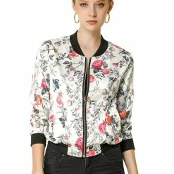 Allegra K 8127 Women Stand Collar Zip Up Floral Prints Bomber Jacket