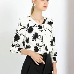 Allegra K Women's V-Neck Long Sleeve Pleated Front Floral Printed Blouse