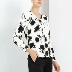 Allegra K Women's V-Neck Long Sleeve Pleated Front Floral Printed Blouse