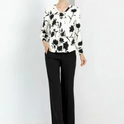 Allegra K Women's V-Neck Long Sleeve Pleated Front Floral Printed Blouse