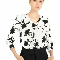 Allegra K Women's V-Neck Long Sleeve Pleated Front Floral Printed Blouse