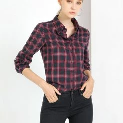 Allegra K Women's Plaid Button Down Turndown Collar Relaxed Long Sleeve Shirt