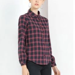 Allegra K Women's Plaid Button Down Turndown Collar Relaxed Long Sleeve Shirt