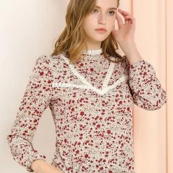 Allegra K Women's Vintage Lace Trim Stand Collar Long Sleeve Floral Valentine's Day Top