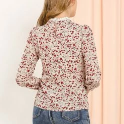 Allegra K Women's Vintage Lace Trim Stand Collar Long Sleeve Floral Valentine's Day Top