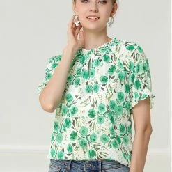 Allegra K Women's Floral Ruffled Short Sleeve Tops Ruffle Neck Casual Blouses 69 Allegra K Women's Floral Ruffled Short Sleeve Tops Ruffle Neck Casual Blouses