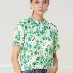 Allegra K Women's Floral Ruffled Short Sleeve Tops Ruffle Neck Casual Blouses 70 Allegra K Women's Floral Ruffled Short Sleeve Tops Ruffle Neck Casual Blouses