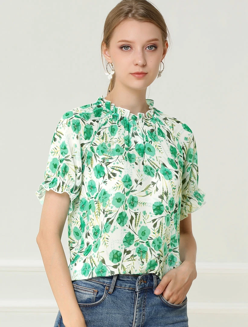 Allegra K Women's Floral Ruffled Short Sleeve Tops Ruffle Neck Casual Blouses 29 Allegra K Women's Floral Ruffled Short Sleeve Tops Ruffle Neck Casual Blouses