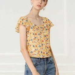 Allegra K Women's Chiffon Ruffle Sleeve Layered Floral Print Blouse Top