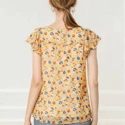 Allegra K Women's Chiffon Ruffle Sleeve Layered Floral Print Blouse Top