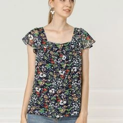 Allegra K Women's Chiffon Ruffle Sleeve Layered Floral Print Blouse Top