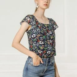 Allegra K Women's Chiffon Ruffle Sleeve Layered Floral Print Blouse Top