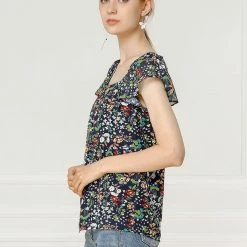 Allegra K Women's Chiffon Ruffle Sleeve Layered Floral Print Blouse Top