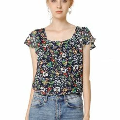 Allegra K Women's Chiffon Ruffle Sleeve Layered Floral Print Blouse Top