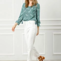 Allegra K Women's Boho Floral Casual Ruffle Tie Keyhole Long Sleeve Blouse Top