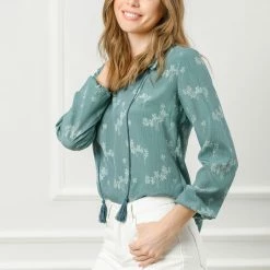 Allegra K Women's Boho Floral Casual Ruffle Tie Keyhole Long Sleeve Blouse Top